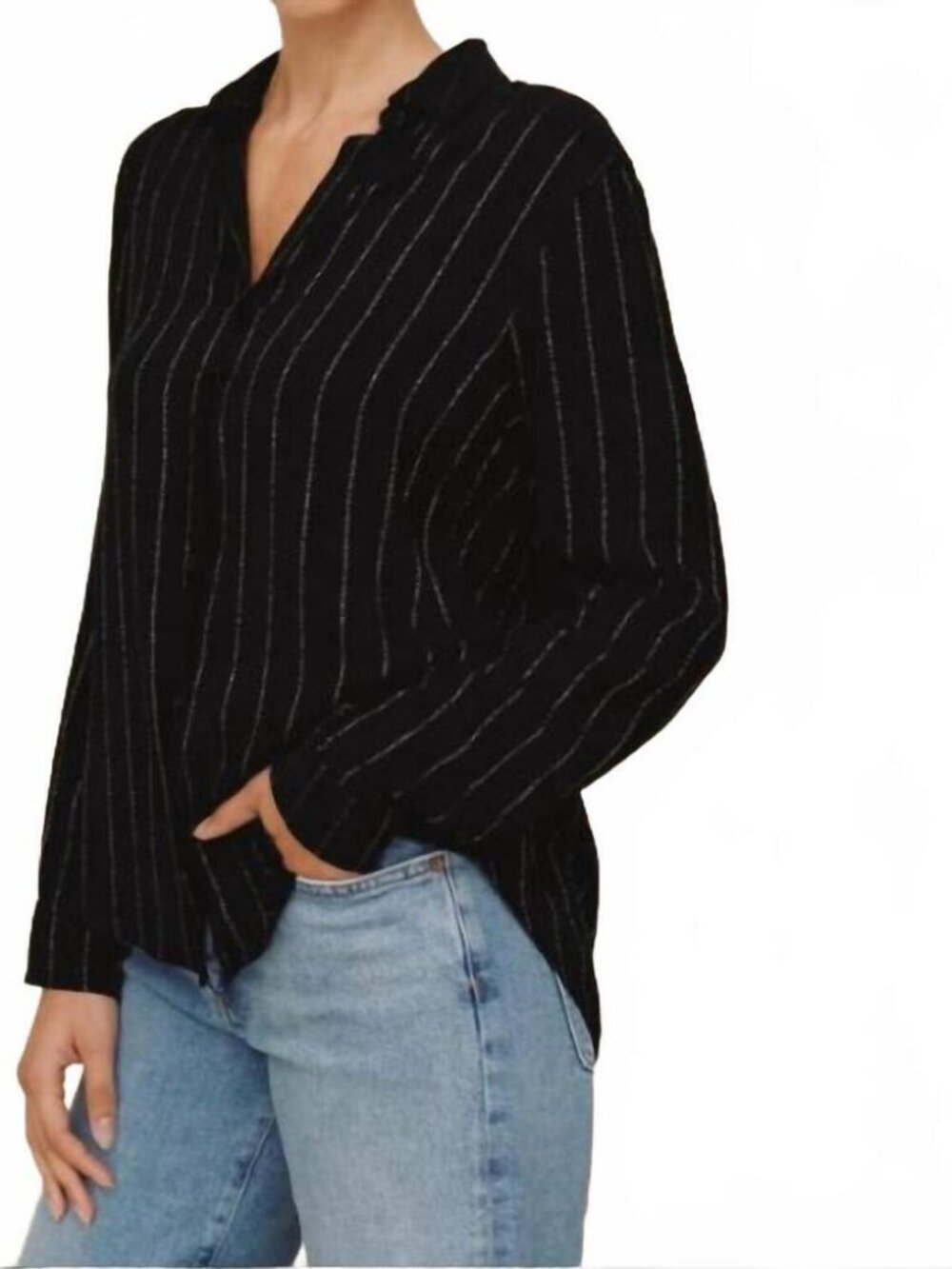 NWT Womens Bella Dahl Black Metallic Silver (Item-32) Striped Button Shirt Top M